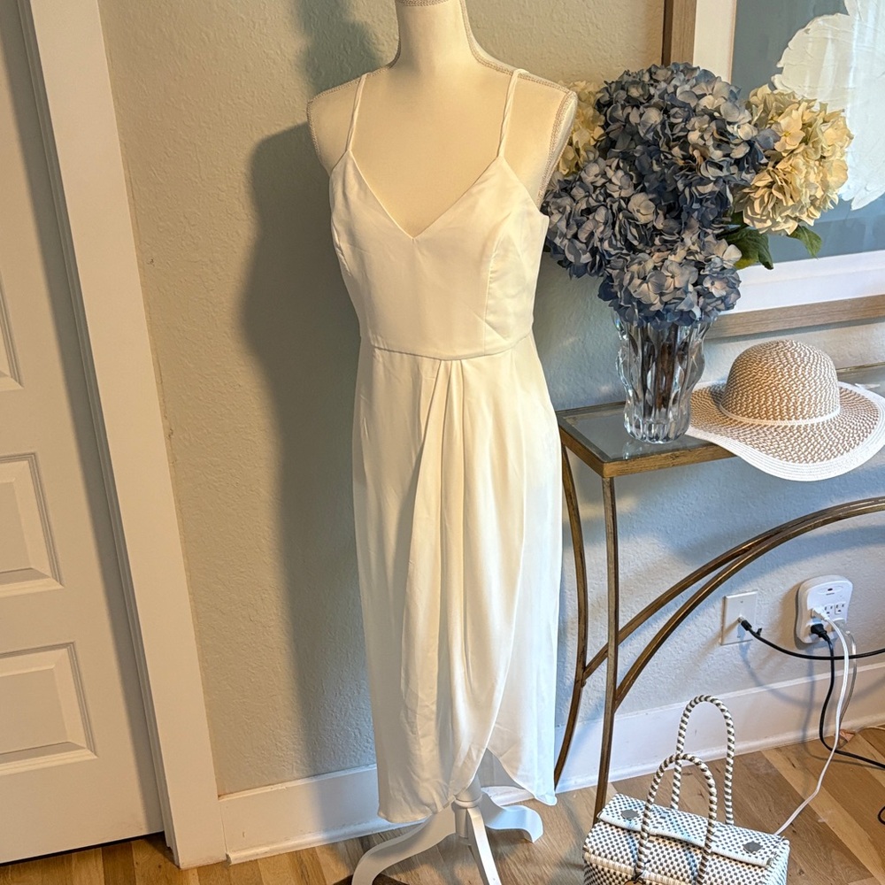 Lulus Elegant Maxi faux wrap White Spaghetti Strap Dress with adjustable straps